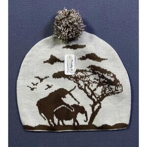 NEW Naughty Knit Elephant Lovers Loving Theme Ivory Brown Slouch Beanie LOL! NWT